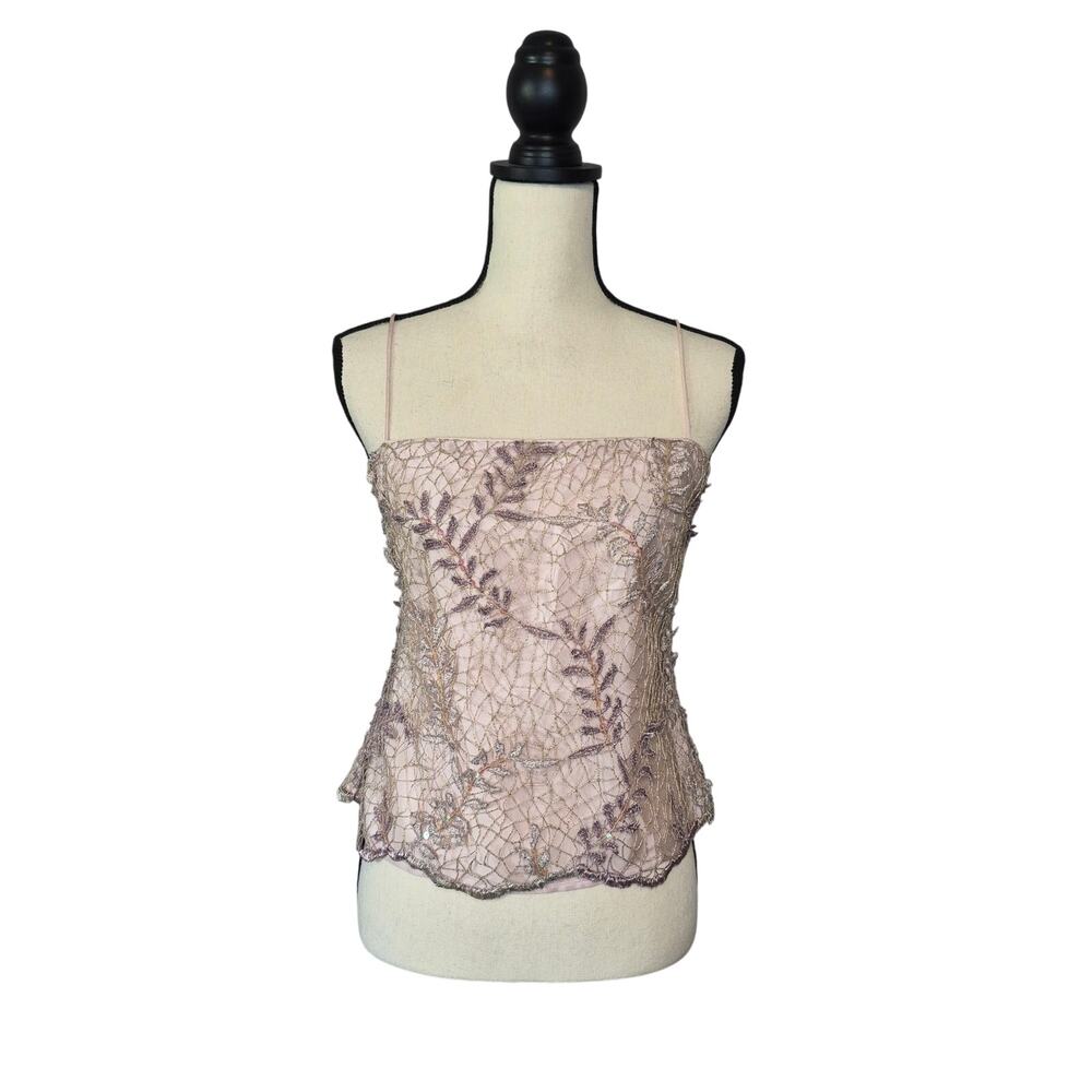 Meritage Rose Gold Lace Sequin Beaded Camisole Top Vintage Y2K 90s Women's sz 10